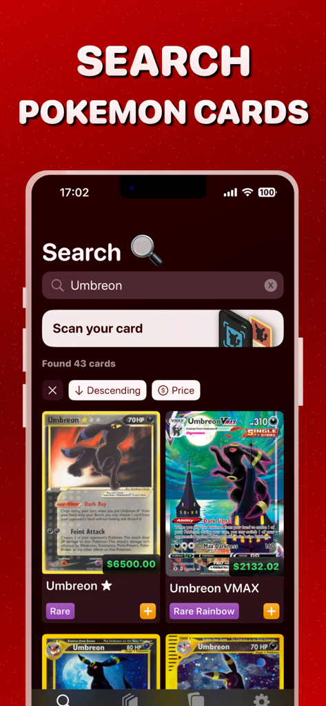 TCGScan: Card Value Scanner - Interfaz de búsqueda de la aplicación TCGScan mostrando varios valores de mercado para cartas de Umbreon