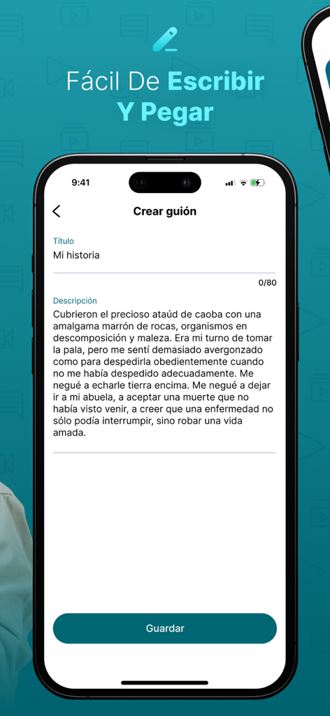 Teleprompter Pro Videos - Escribiendo y guardando un guion de video en la interfaz de la aplicación móvil Teleprompter Pro Videos