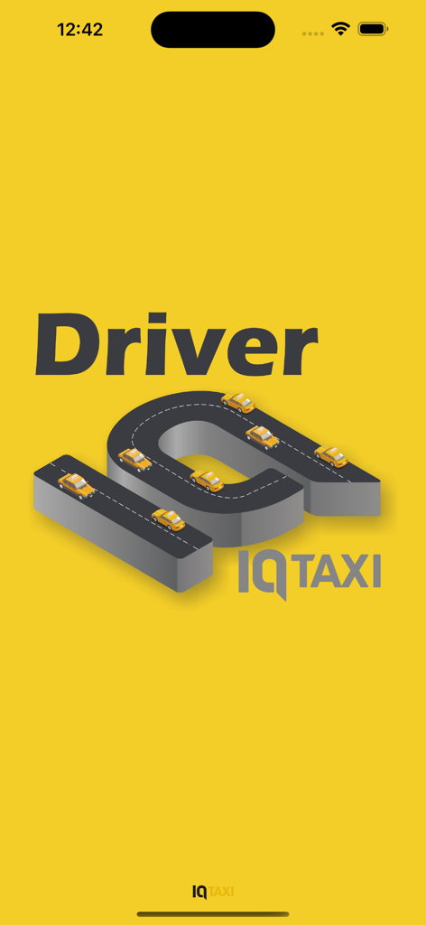 IQ Taxi Driver app splash screen showing road shaped IQ logo and small taxi cars