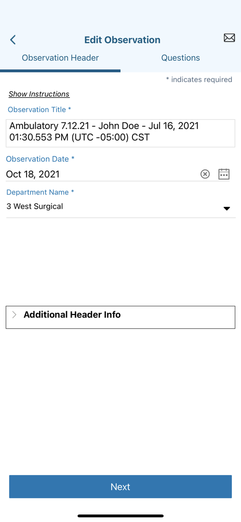 JCI AMP - JCI AMP mobile app interface showing the Edit Observation header form with fields for title date and department selection
