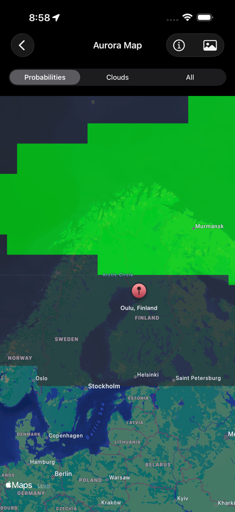 Map view of the My Aurora Forecast app showing Northern Lights activity levels over Scandinavia