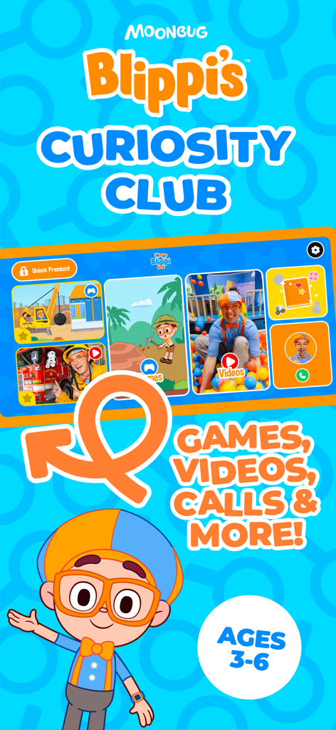 Blippi's Curiosity Club - Pantalla promocional de la aplicación educativa Blippi's Curiosity Club que muestra juegos y vídeos para niños de 3 a 6 años