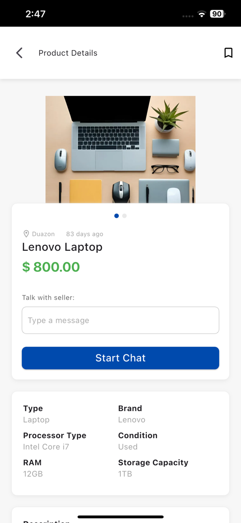 Buy & Sell Liberia - Product details page for a Lenovo laptop on the Buy and Sell Liberia mobile marketplace app