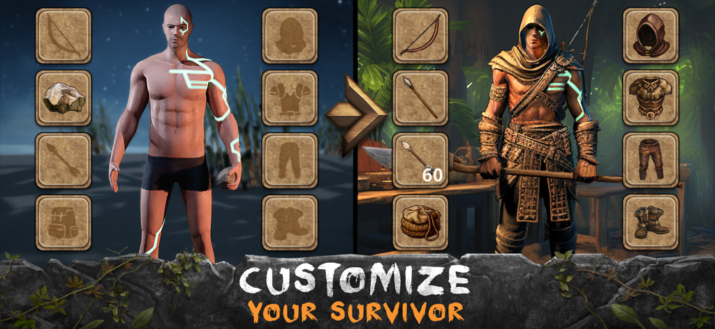 Survival Island: EVO Adventure - Bildschirm zur Charakteranpassung, der Ausrüstung und Rüstungsfortschritt für einen Überlebenden zeigt