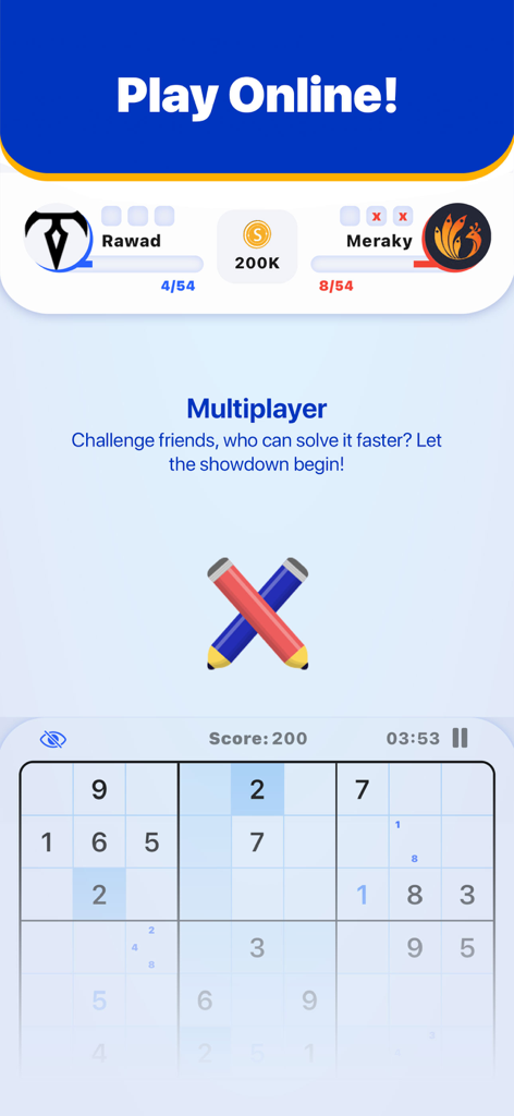 Sudoku Friends - Multiplayer - Una partida competitiva de Sudoku en línea entre dos jugadores con un tablero de puzle lógico.