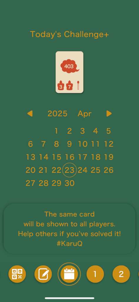 The daily challenge screen of KaruQ math game displaying a puzzle card and calendar