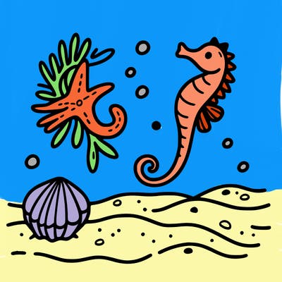 sand, sea horse, starfish