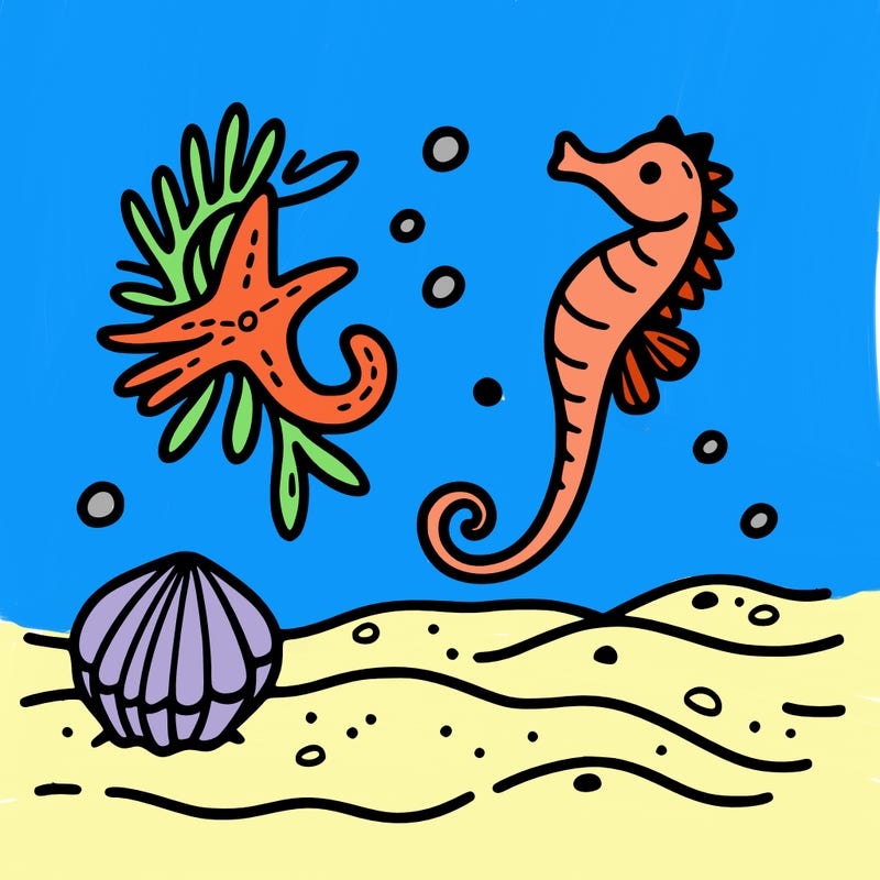 sand, sea horse, starfish