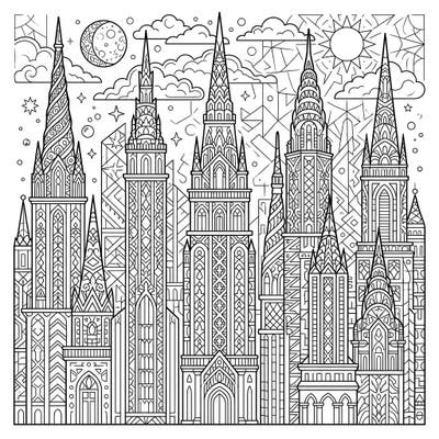 Discover a stunning collection of intricately designed spire skyscrapers, perfect for adult colorists seeking a detailed challenge. This captivating cityscape offers a meditative escape, inviting you to bring towering architectural wonders to life.