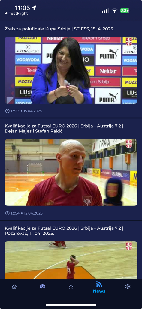 A news feed within the FSS Live mobile app featuring headlines about Serbian football cup draws and futsal match results