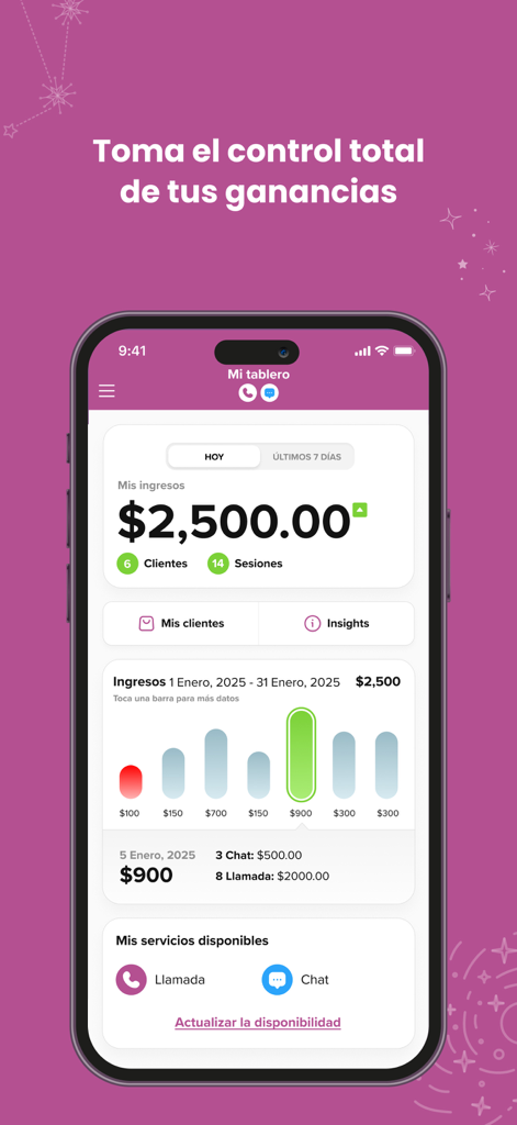 Earnings dashboard of Psiquicos para Asesores app showing income statistics and session data