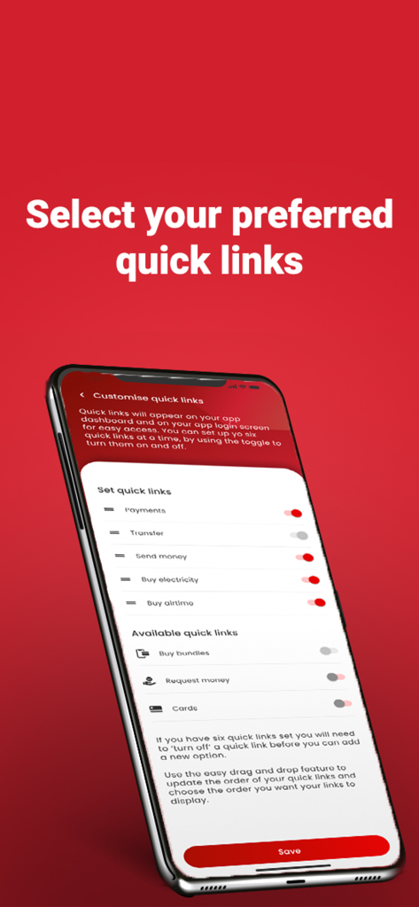 SBS Banking App - Mobile Bildschirmansicht mit der Anpassung von Schnellzugriffen für Zahlungen und Überweisungen in der SBS Banking App.