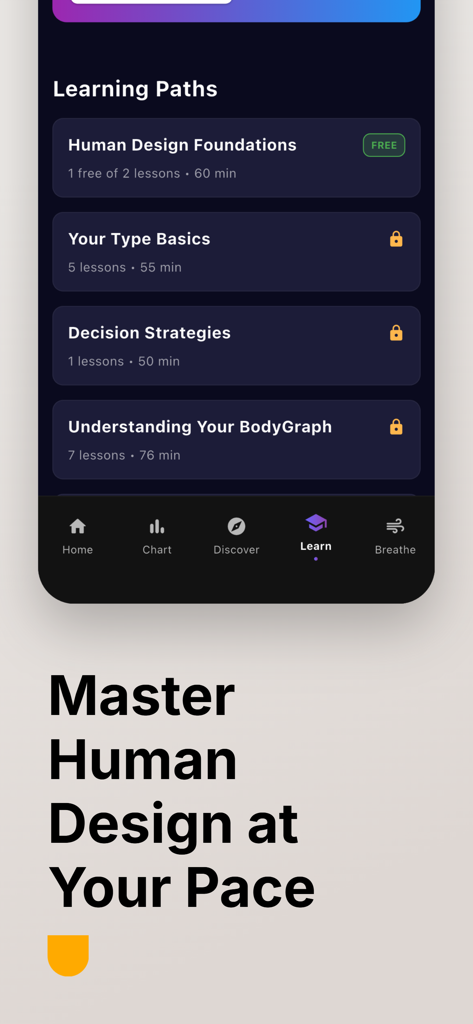 Human Design Chart: Soul Flow - Interface d'application mobile montrant les parcours d'apprentissage et les modules éducatifs du Design Humain