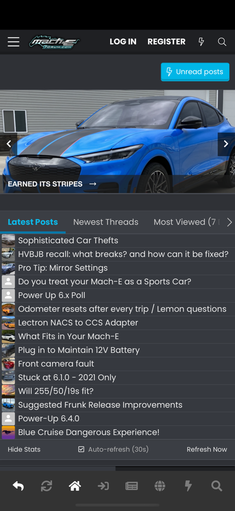 MachEforum - MachEforum mobile app interface displaying a blue Ford Mustang Mach-E and a list of latest community forum posts.