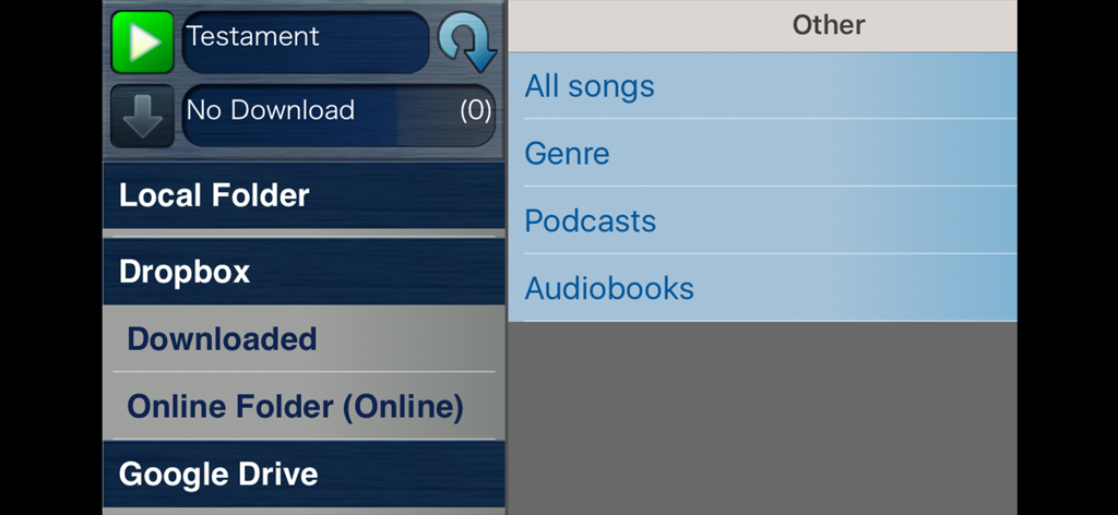 Interfaz del menú de importación de CueZy 9 Pad Sampler para importar archivos de audio desde almacenamiento en la nube y carpetas locales