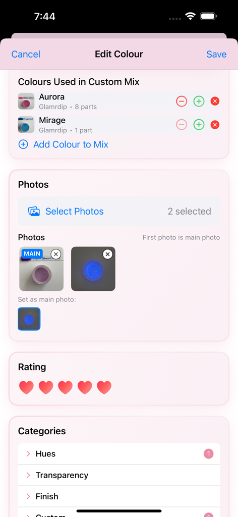 NaildIt - NaildIt 앱의 맞춤 믹스 레시피 및 사진 관리가 포함된 색상 편집 화면 스크린샷.