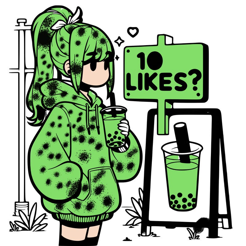 girl with oversized hoodie drinking boba and she has a high ponytail with a sign that says 10likes?