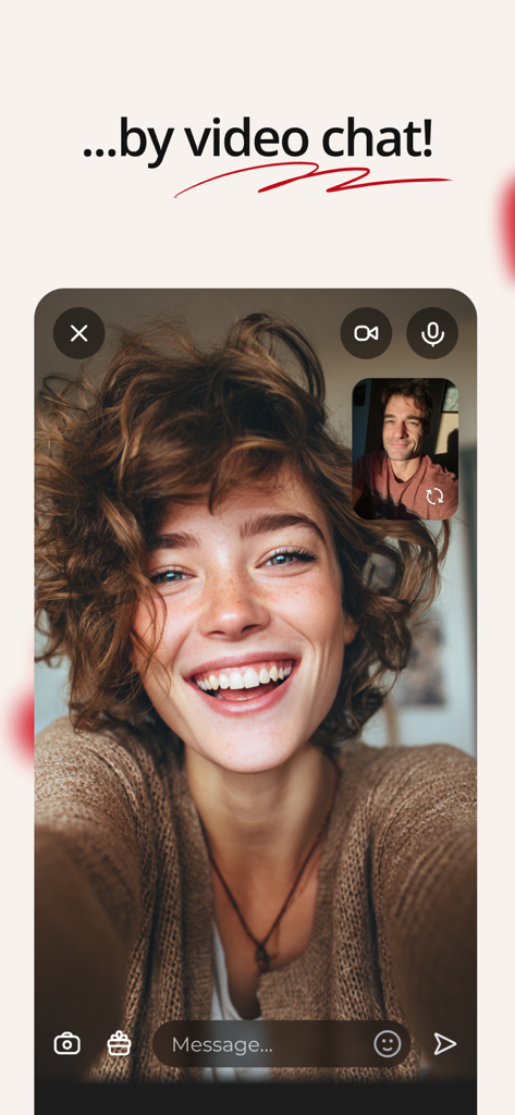 A smiling woman and a man engage in a high-quality video chat on the Dating.com mobile app.