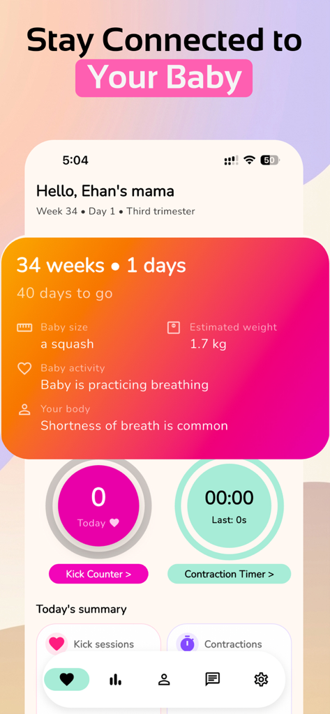 El panel de control de la aplicación de seguimiento de embarazo Bask que muestra el tamaño del bebé de la semana 34 como una calabaza y herramientas para contar patadas y medir contracciones