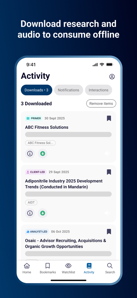 Third Bridge - Third Bridge app Activity screen showing downloaded expert interviews and research reports for offline use.