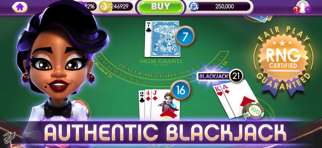 myVEGAS Blackjack gameplay showing an authentic MGM Grand casino table and dealer