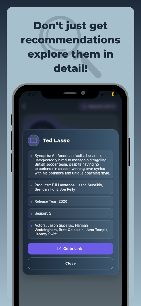A detailed TV show recommendation screen on the Feely AI Entertainment Guide app showing information for Ted Lasso