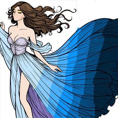 realistic woman in dress flowing the the wind