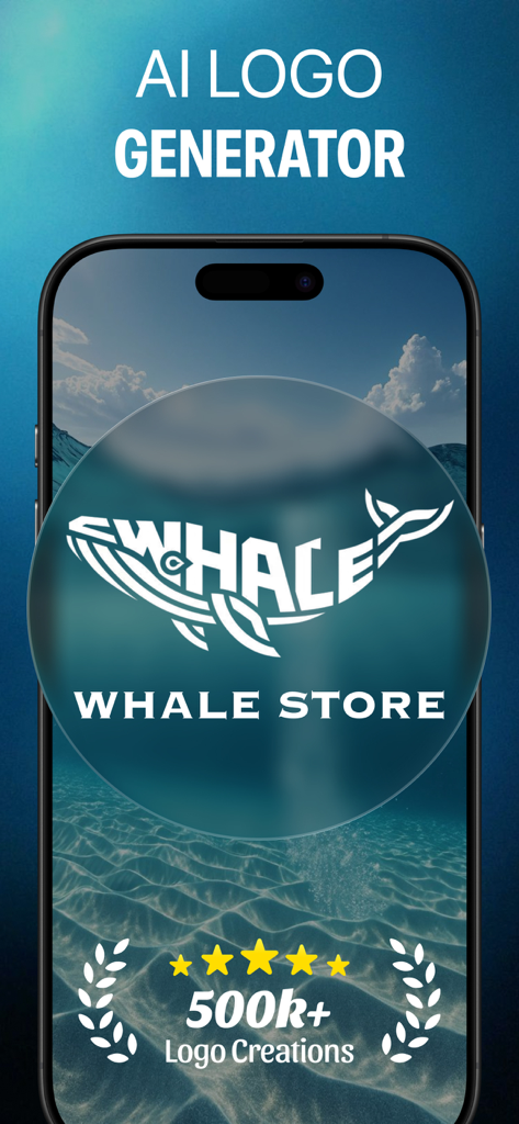 AI Logo Maker Brand Generator - Tela do aplicativo AI Logo Maker exibindo um design profissional de logotipo de loja de baleias com fundo oceânico.
