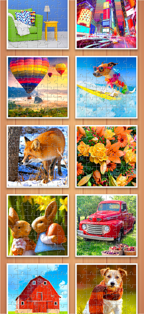 Jigsaw Puzzles Explorer - Ein Raster mit verschiedenen Puzzlebildern, das Tiere, Natur und Stadt-Wahrzeichen zeigt.
