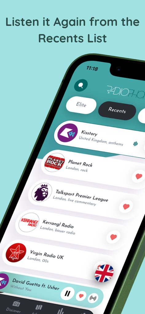 RadioPhone: Live Radio Station - Captura de pantalla de la aplicación RadioPhone que muestra una lista de estaciones de radio reproducidas recientemente, incluidas Planet Rock y Talksport Premier League