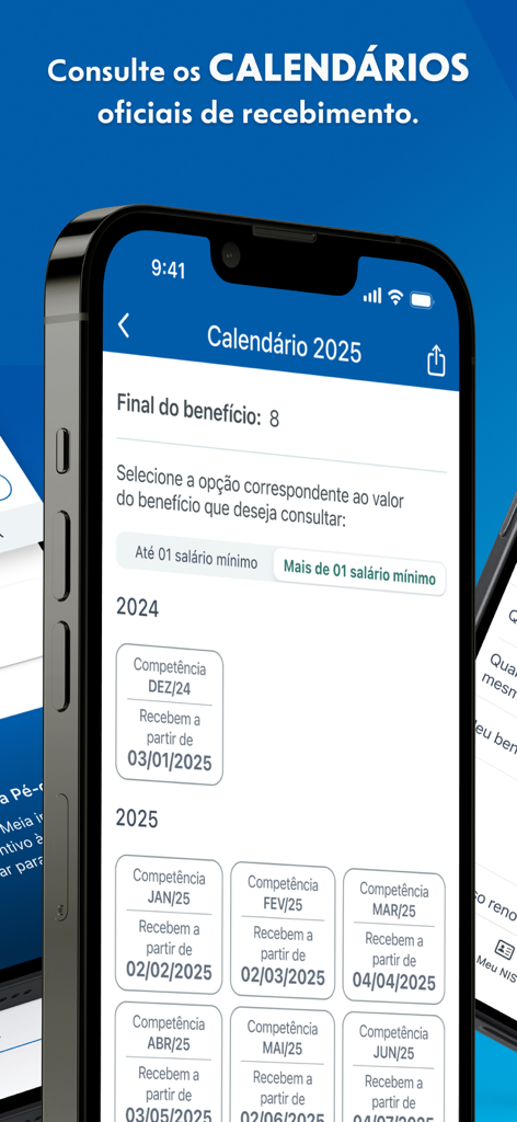 Schermata mobile che mostra il calendario dei pagamenti 2025 per i benefici sociali brasiliani nell'app Caixa