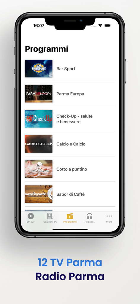 12 TV Parma - Screenshot dell'app mobile 12 TV Parma che mostra un elenco di programmi televisivi disponibili, inclusi sport e lifestyle.