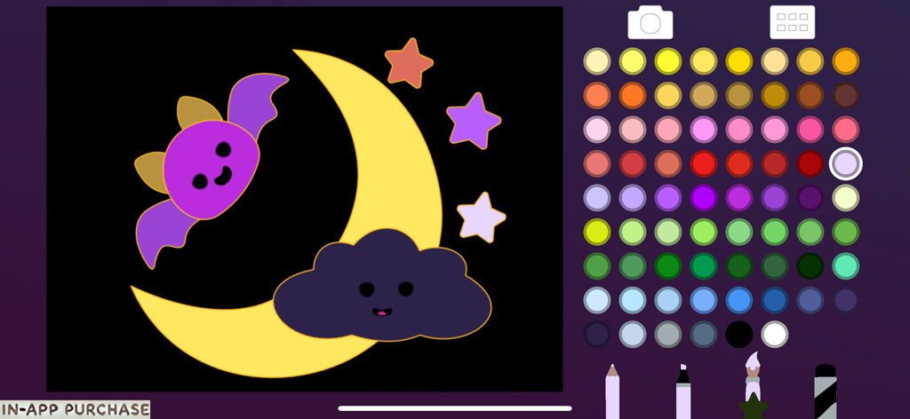 Coloring for Kids and Toddler - Halloween themed coloring page for kids featuring a cute bat and crescent moon with a large color palette