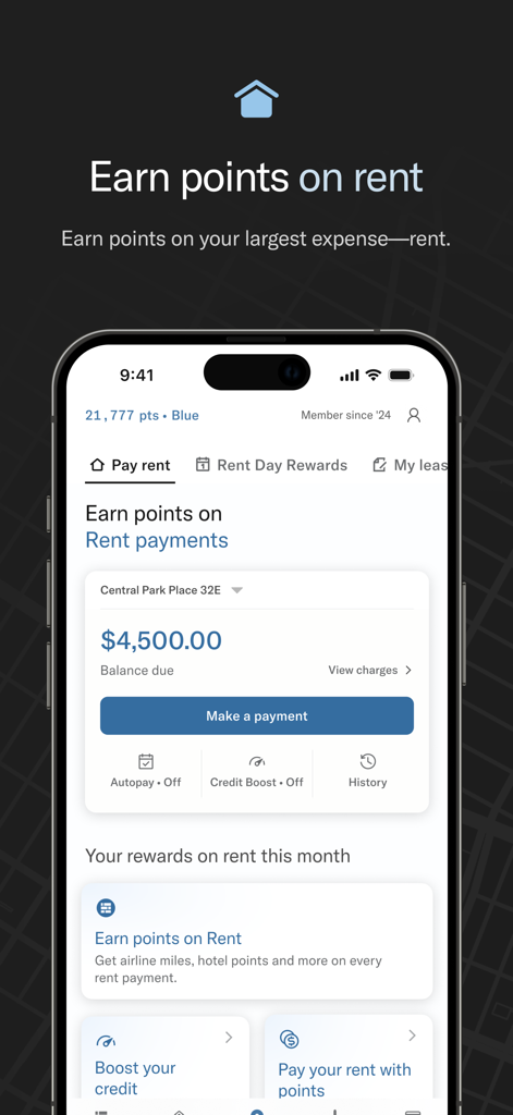 Bilt Rewards mobile app interface showing a rent payment dashboard with options to earn points and boost credit