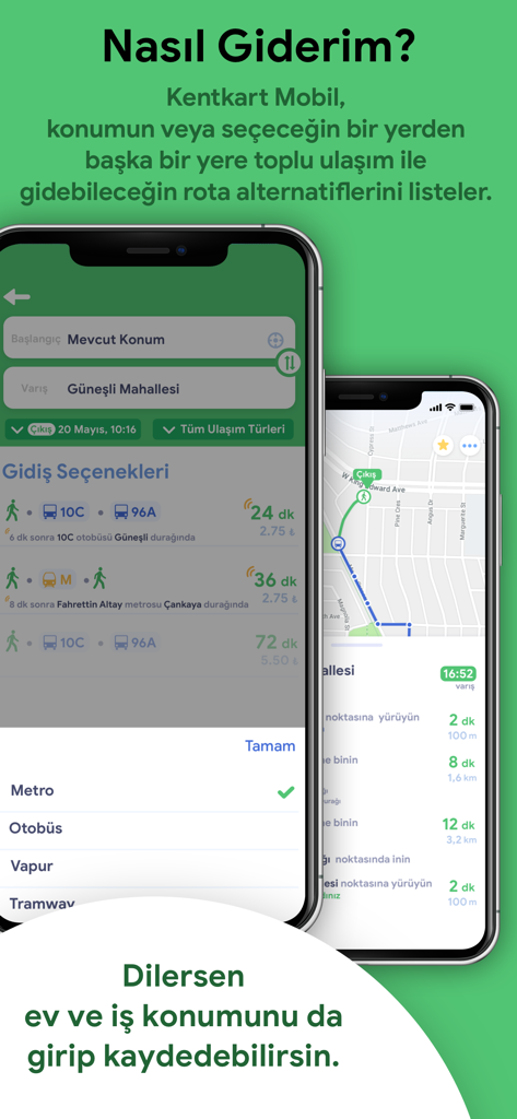Kentkart - Kentkart 모바일 앱 대중교통 탐색 화면, 경로 옵션 및 지도 보기 표시