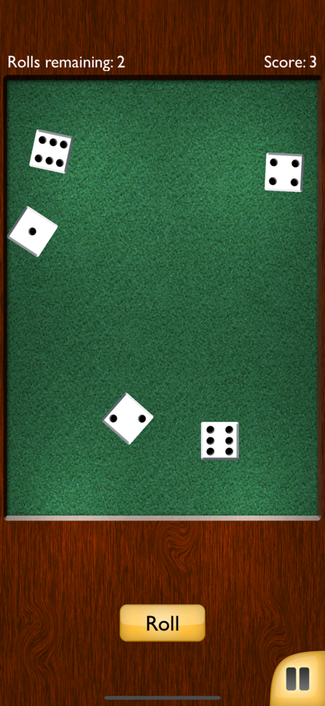 Pantalla de juego del móvil Yatzy Yacht mostrando cinco dados sobre una superficie de fieltro verde con un botón de lanzar e información de puntuación.