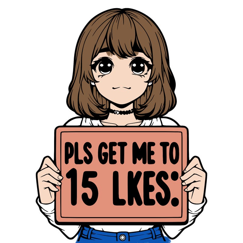 realistic girl holding up a sign that says “pls get me to 15 likes!”
