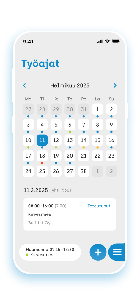 Una interfaz móvil de Likeit App que muestra un calendario de turnos de trabajo mensual y resúmenes de horas diarias