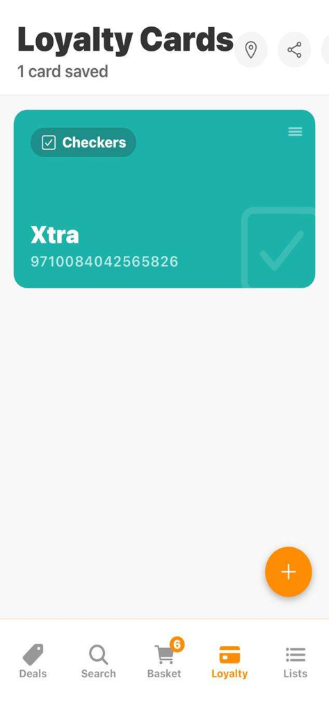 Grocify app digital loyalty card wallet displaying a Checkers Xtra card