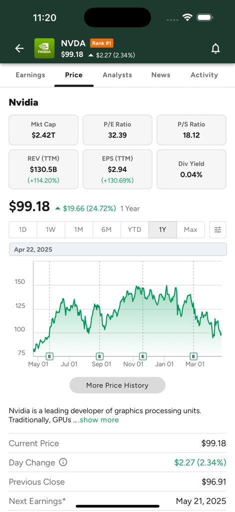 Earnings Hub and Calendar - Mobile app interface displaying Nvidia stock price performance chart and key financial ratios.