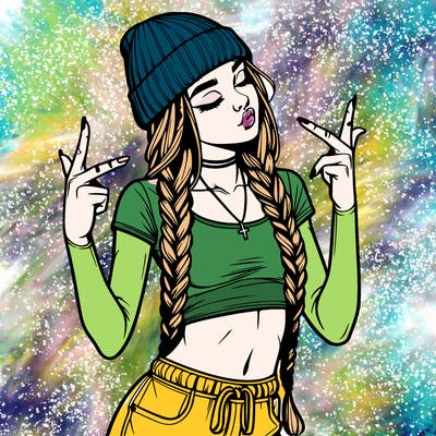realistic teenage girl with braids and a beanie and crop top doing 🫶🏼