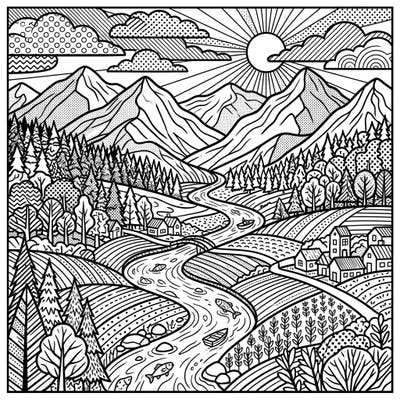 Immerse yourself in a dynamic Pop Art landscape, ready for your creative touch. This unique coloring page blends scenic mountains, winding rivers, and charming villages with bold comic-book aesthetics.
