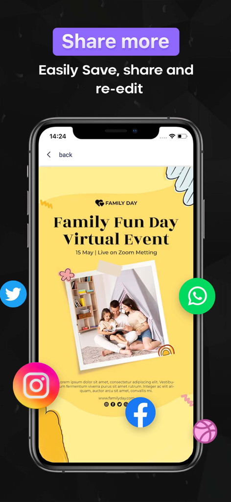 Interface d'application mobile montrant les options pour sauvegarder et partager une affiche d'événement virtuel sur des plateformes de réseaux sociaux comme Instagram et Facebook