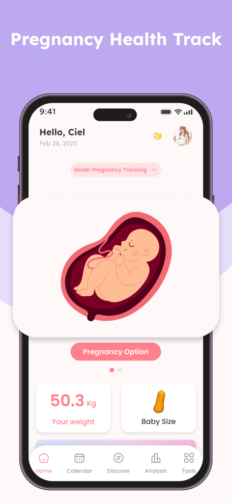 Panel de inicio de la aplicación de embarazo Momiary que muestra ilustración del desarrollo del bebé y métricas de seguimiento de la salud.