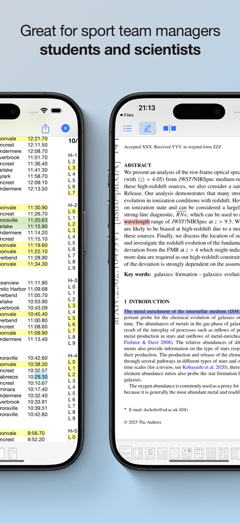 PDF Highlighter - 2台のiPhoneにハイライトされたスポーツヒートシートと科学論文が表示されているPDFハイライターアプリのインターフェース。