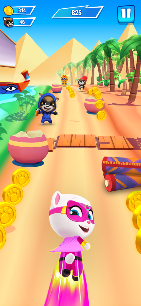 Talking Angela as a superhero dashing through a desert level in Talking Tom Hero Dash
