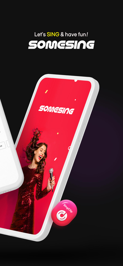 SOMESING with K-pop - Promotional screen for SOMESING with K-pop app showing a woman singing on a smartphone