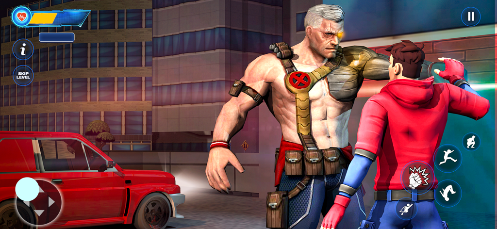 Flying Spider: Superhero Games - A spider hero in a red hoodie prepares to fight a large muscular villain in a city street next to a red car