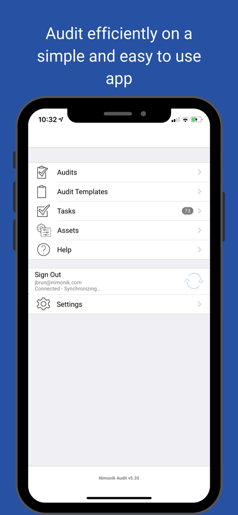 Nimonik - Inspect & Registers - Main menu of the Nimonik app showing options for audits, audit templates, and task management