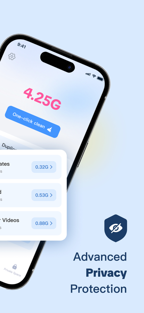 AI Storage Cleaner：Free Up - Interfaz de la aplicación Limpiador de Almacenamiento IA que muestra protección de privacidad avanzada y herramientas de limpieza de almacenamiento